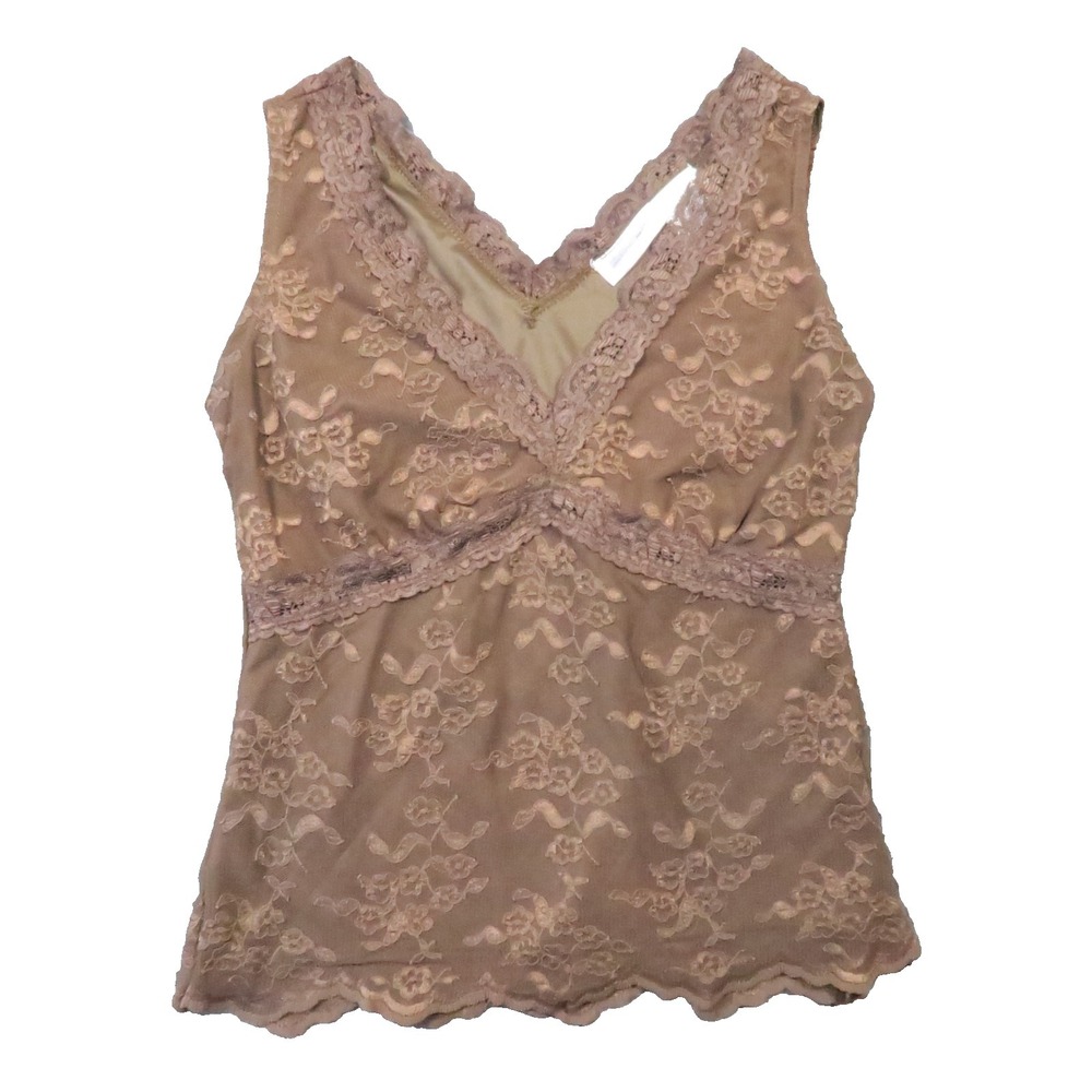Vintage Y2K Lace Tank Top XS Brown Floral Sheer V Neck Romantic Festival Grunge
